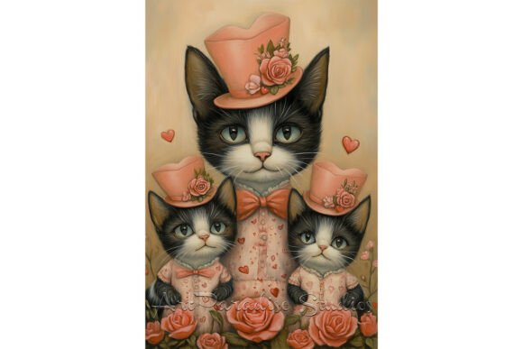 Download Cat Family in Pink Rose Outfits Print - Print Collection